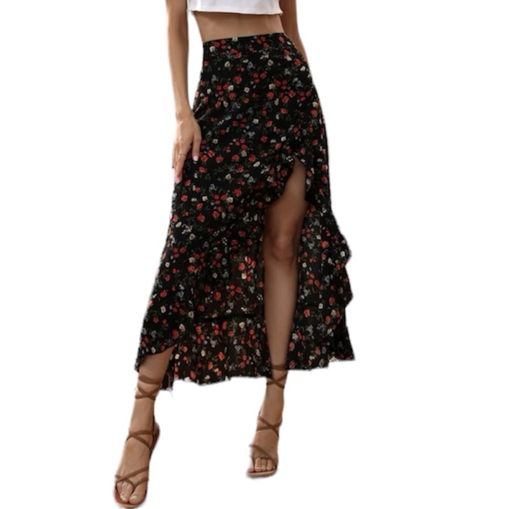 Ditsy Floral Print Ruffle Trim Asymmetrical Hem Skirt - Picture 7 of 7